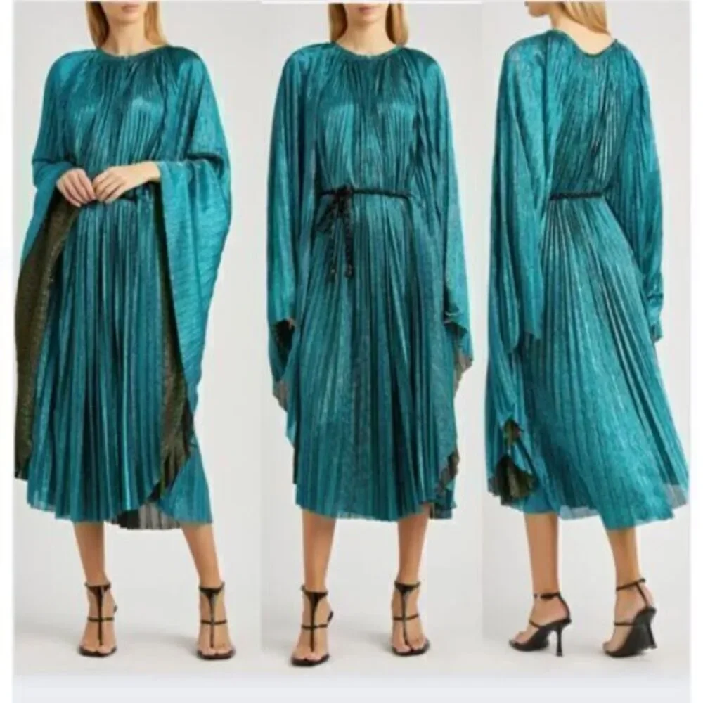 Forte Forte Kaftan Dress Pleated Lame Tulle Emerald Blue Metallic‎ Size 4 - Picture 5 of 16